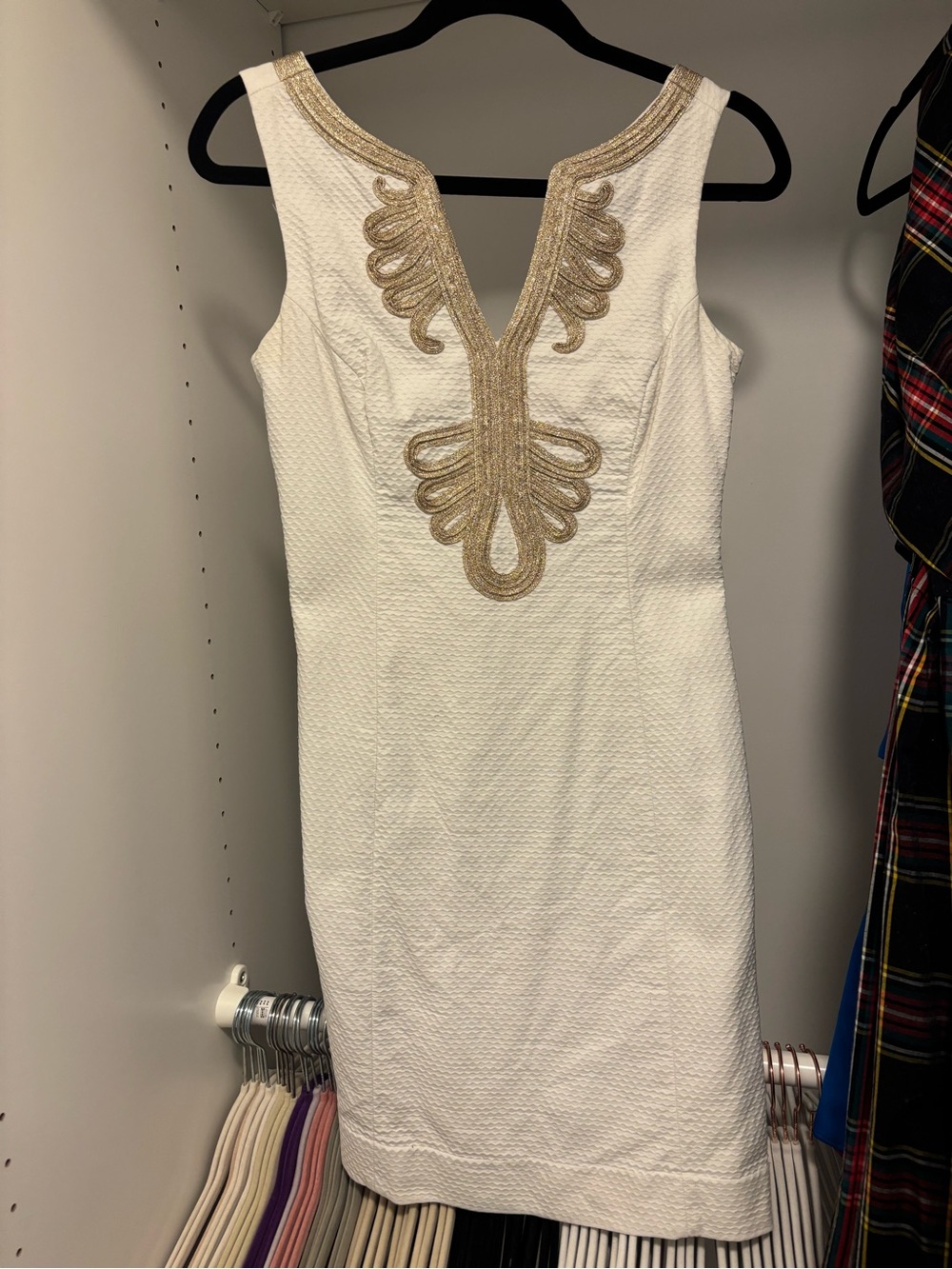 Lilly Pulitzer White Sleeveless Sheath Dress with Gold Trim